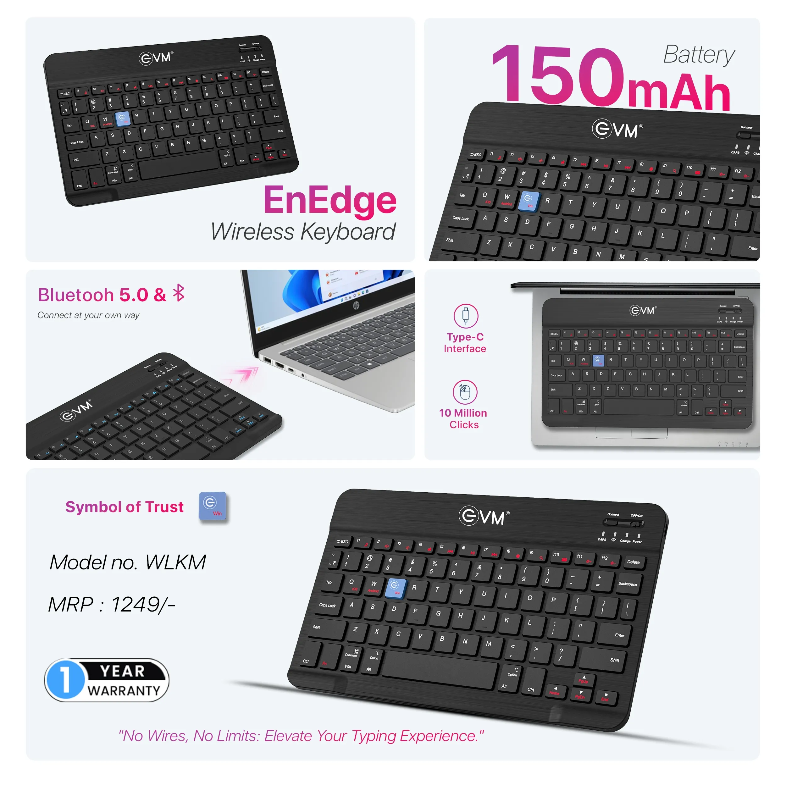 EVM Wireless Keyboard Rechargeable EnEdge WLKM Silver Black view 3